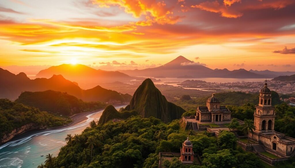 Sunset over Latin American landscape with mountains, beaches, and cultural elements
