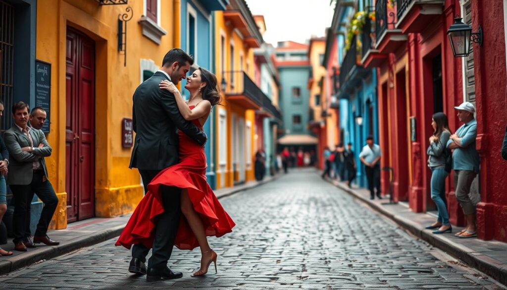 Tango dancers performing in a colorful street in Buenos Aires, Argentina during vacation in Latin America